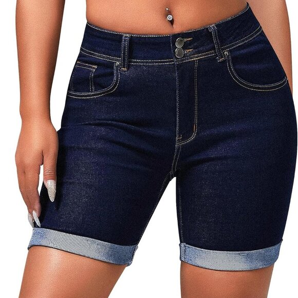 Women's Mid Rise Skinny Butt Lifting Bermuda Jeans Shorts - Dark Blue Large